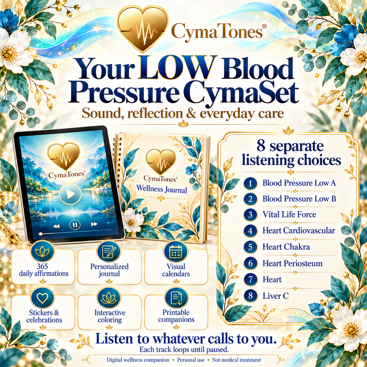Heart & LOW Blood Pressure Wellness CymaSet | 8 Audio Tracks & 365-Day Interactive Journal