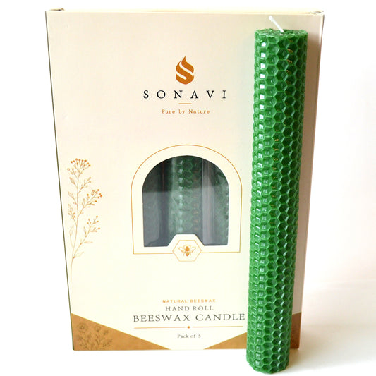 (set of 5) 8" Green beeswax candles