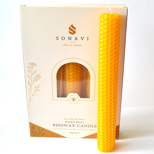 (set of 5) 8" Yellow beeswax candles